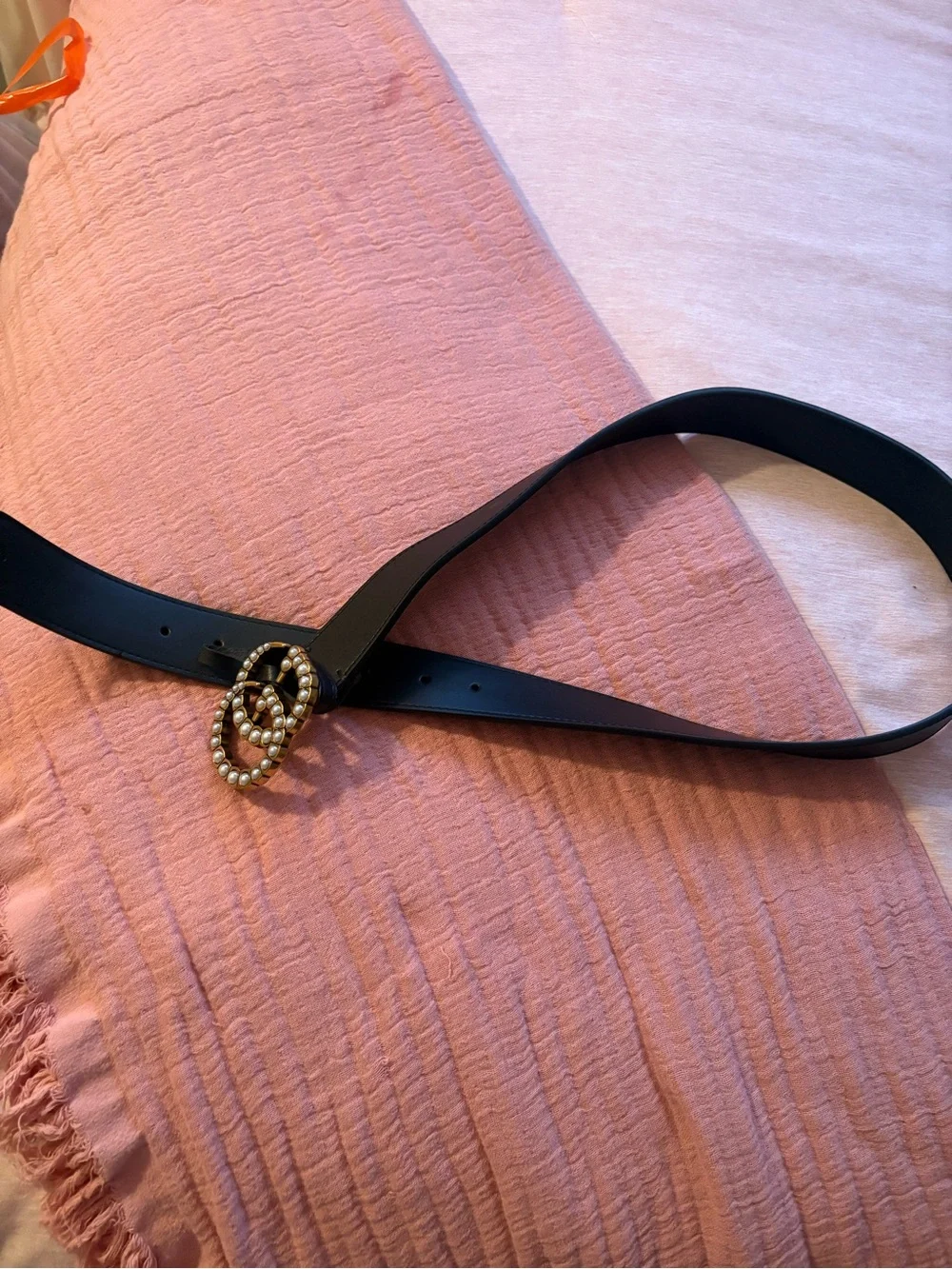 Women's Black Belt with Gold Pearl Interlocking GG Buckle